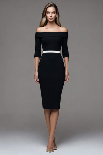 Black Off the Shoulder Half Sleeves  Pencil Midi Work Dress