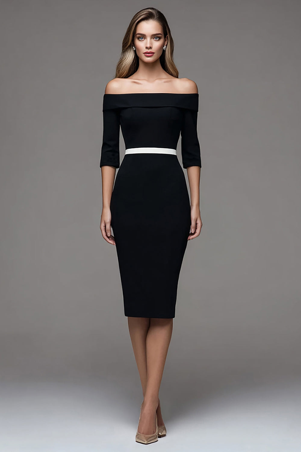 Black Off the Shoulder Half Sleeves  Pencil Midi Work Dress