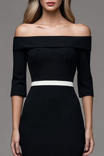 Black Off the Shoulder Half Sleeves  Pencil Midi Work Dress