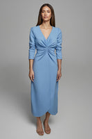 Load image into Gallery viewer, Sky Blue Ruched V-Neck Pencil Long Sleeves Work Dress