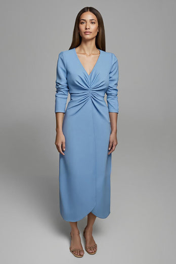 Sky Blue Ruched V-Neck Pencil Long Sleeves Work Dress