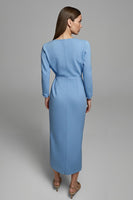 Load image into Gallery viewer, Sky Blue Ruched V-Neck Pencil Long Sleeves Work Dress