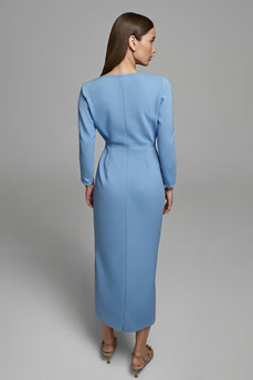 Sky Blue Ruched V-Neck Pencil Long Sleeves Work Dress