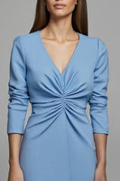 Load image into Gallery viewer, Sky Blue Ruched V-Neck Pencil Long Sleeves Work Dress