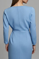 Load image into Gallery viewer, Sky Blue Ruched V-Neck Pencil Long Sleeves Work Dress