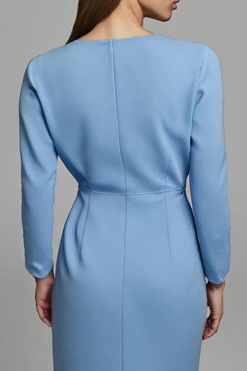 Sky Blue Ruched V-Neck Pencil Long Sleeves Work Dress