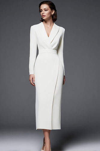 Ivory Simple Pencil Shawl Lapel Long Blazer Dress with Sleeves