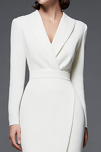 Ivory Simple Pencil Shawl Lapel Long Blazer Dress with Sleeves