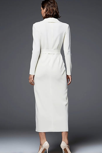 Ivory Simple Pencil Shawl Lapel Long Blazer Dress with Sleeves