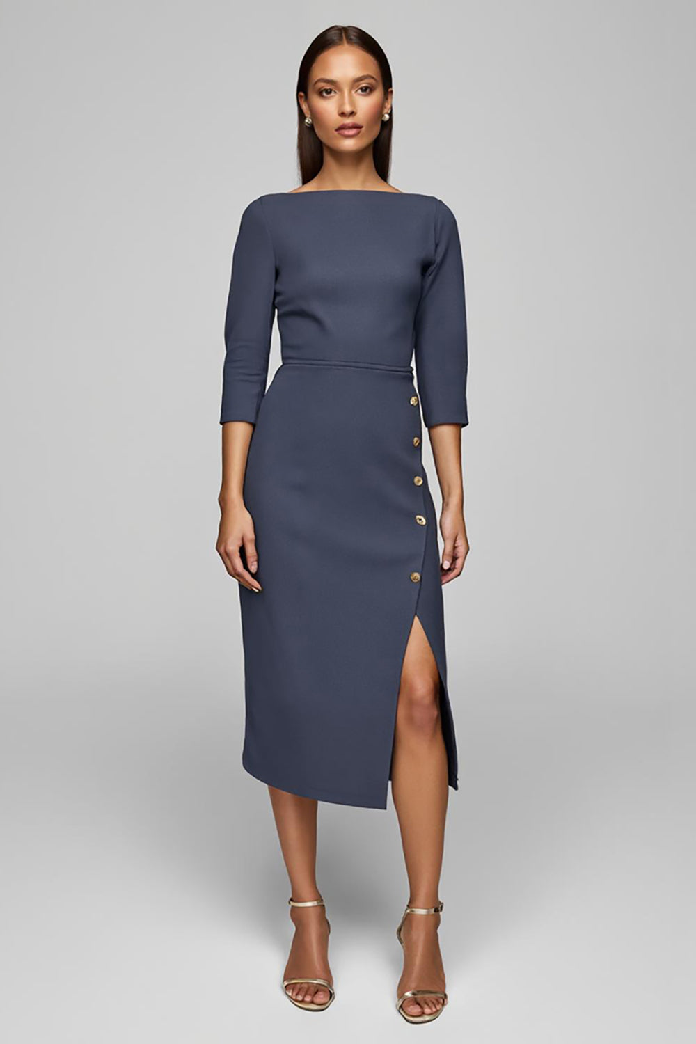 Twilight Bateau Neck Button Pencil Midi Work Dress with Slit