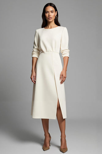 Ivory A Line Boat Neck Pencil Midi Work Dress with Slit