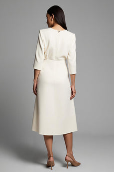 Ivory A Line Boat Neck Pencil Midi Work Dress with Slit