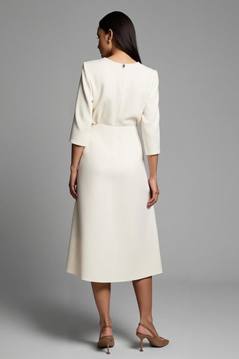 Ivory A Line Boat Neck Pencil Midi Work Dress with Slit
