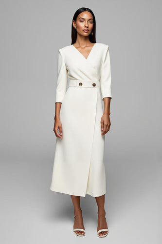 Ivory V-Neck 3/4 Sleeves Pencil Long Work Dress with Buttons