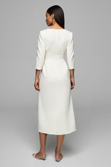Ivory V-Neck 3/4 Sleeves Pencil Long Work Dress with Buttons