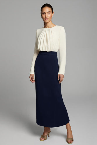 Navy and White Ruched Pencil Long Sleeves Work Dress