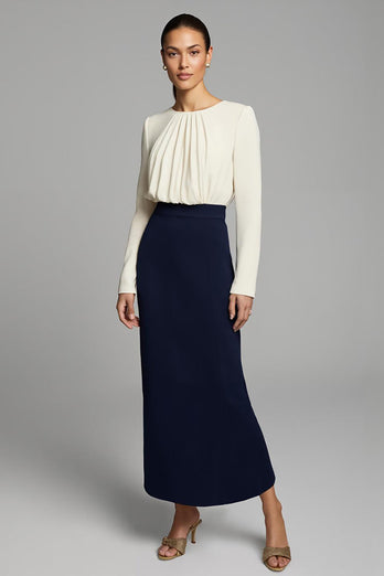 Navy and White Ruched Pencil Long Sleeves Work Dress