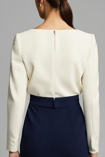 Navy and White Ruched Pencil Long Sleeves Work Dress