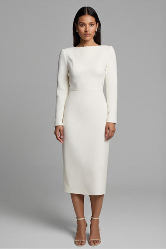 Simple Ivory Bateau Neck Pencil Midi Work Dress with Slit
