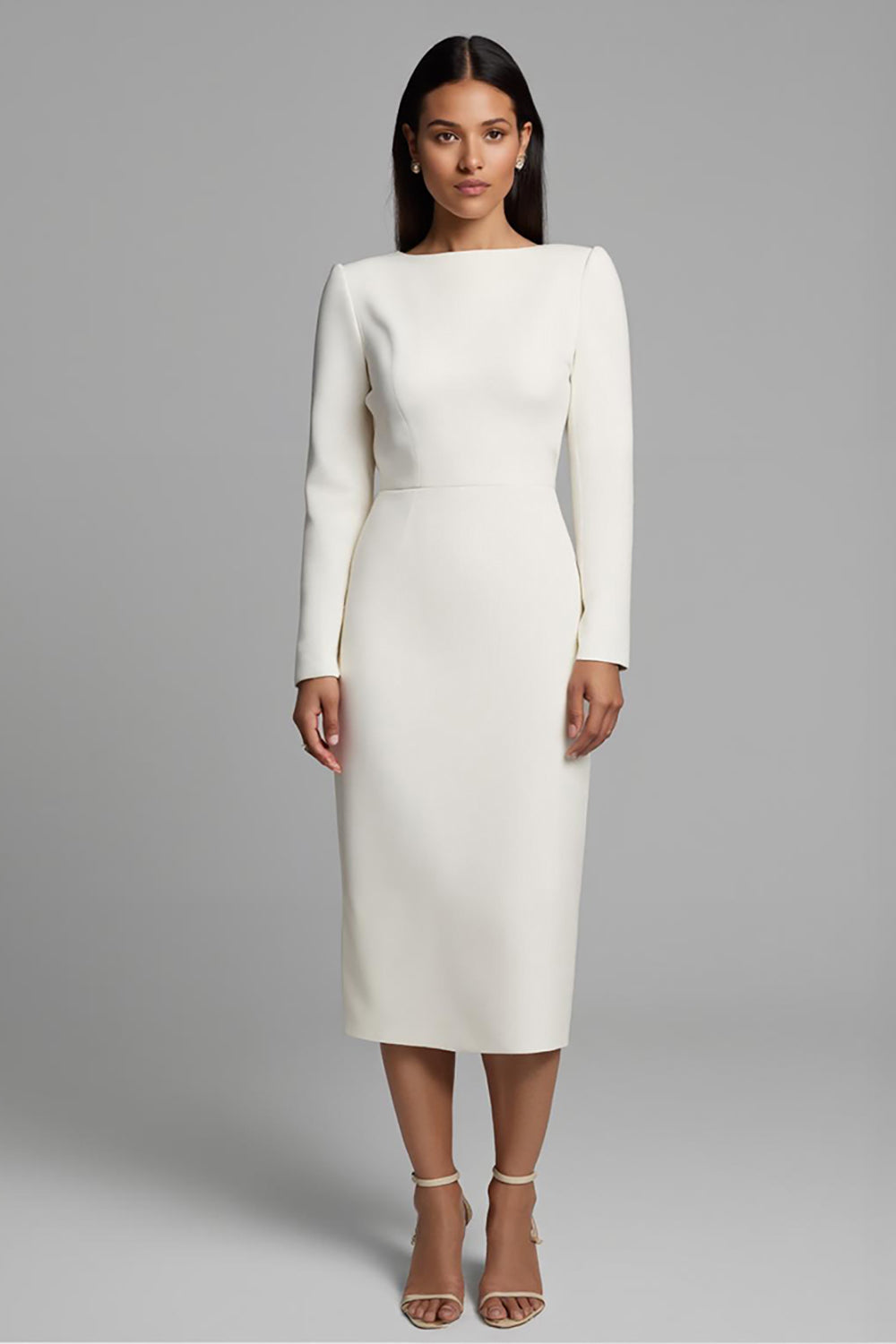 Simple Ivory Bateau Neck Pencil Midi Work Dress with Slit