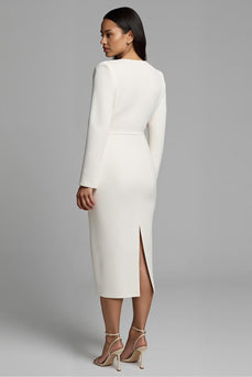Simple Ivory Bateau Neck Pencil Midi Work Dress with Slit