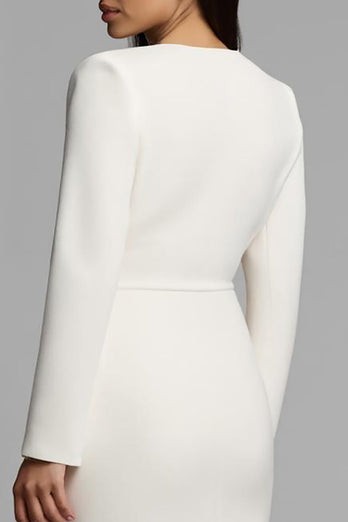 Simple Ivory Bateau Neck Pencil Midi Work Dress with Slit