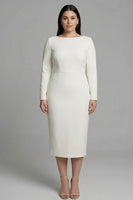 Load image into Gallery viewer, Plus Size Simple Ivory Pencil Bateau Neck Midi Work Dress with Slit