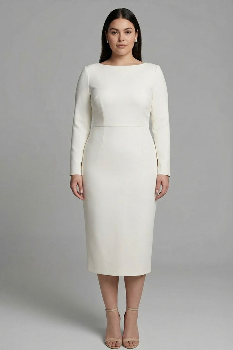 Load image into Gallery viewer, Plus Size Simple Ivory Pencil Bateau Neck Midi Work Dress with Slit