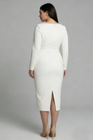 Load image into Gallery viewer, Plus Size Simple Ivory Pencil Bateau Neck Midi Work Dress with Slit