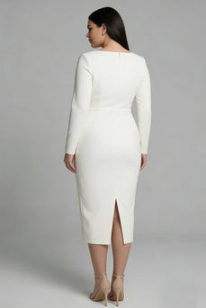 Plus Size Simple Ivory Pencil Bateau Neck Midi Work Dress with Slit