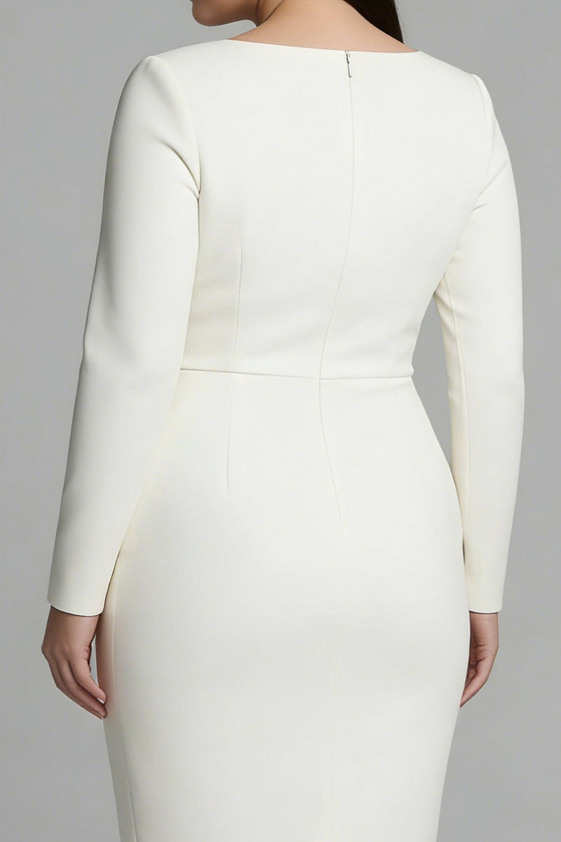 Load image into Gallery viewer, Plus Size Simple Ivory Pencil Bateau Neck Midi Work Dress with Slit