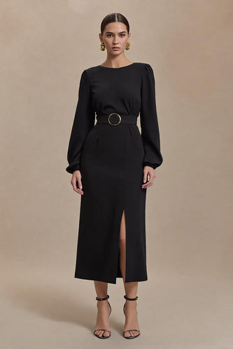 Black Open Back Long Sleeves Pencil Work Dress with Slit