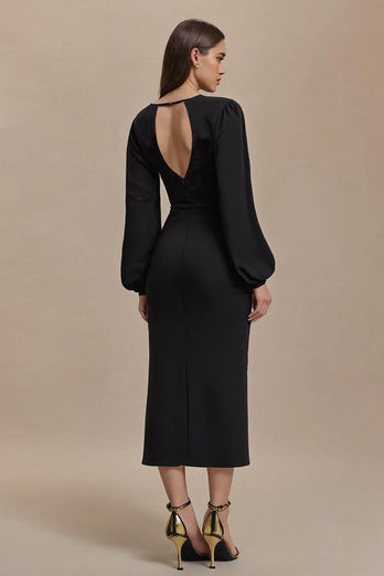Black Open Back Long Sleeves Pencil Work Dress with Slit