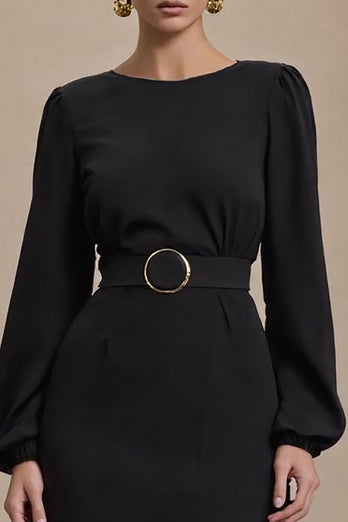Black Open Back Long Sleeves Pencil Work Dress with Slit