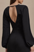 Load image into Gallery viewer, Black Open Back Long Sleeves Pencil Work Dress with Slit