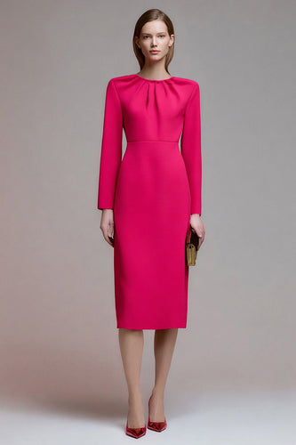 Fuchsia Ruched Round Neck Pencil Midi Work Dress with Sleeves
