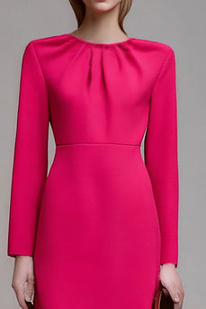 Fuchsia Ruched Round Neck Pencil Midi Work Dress with Sleeves