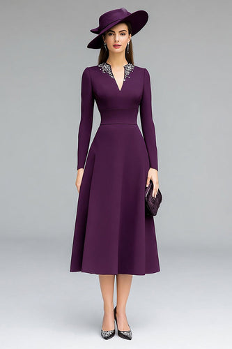 Sparkly Dark Purple A Line Midi Mother of the Bride Dress with Sleeves