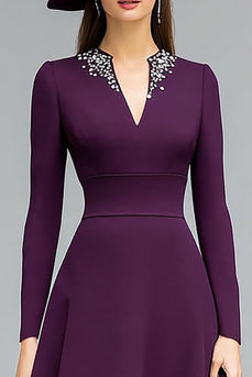 Sparkly Dark Purple A Line Midi Mother of the Bride Dress with Sleeves