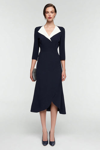 Black and White 3/4 Sleeves Patchwork Lapel Neck Midi Work Dress