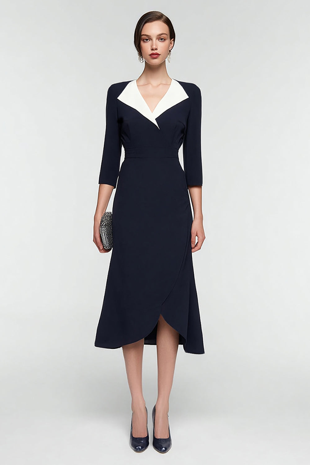 Black and White 3/4 Sleeves Patchwork Lapel Neck Midi Work Dress