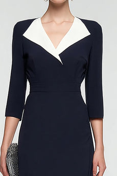 Black and White 3/4 Sleeves Patchwork Lapel Neck Midi Work Dress