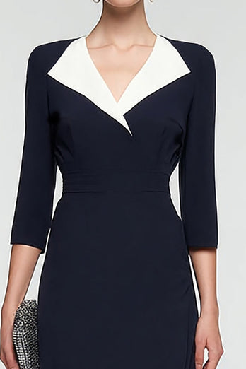 Black and White 3/4 Sleeves Patchwork Lapel Neck Midi Work Dress