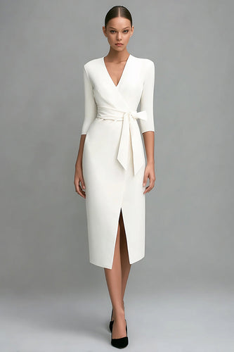 Ivory 3/4 Sleeves V-Neck Pencil Midi Work Dress with Sash