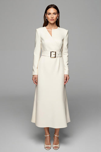 Ivory Asymmetrical Neck Long Sleeves Pencil Work Dress with Belt