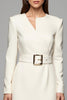 Load image into Gallery viewer, Ivory Asymmetrical Neck Long Sleeves Pencil Work Dress with Belt
