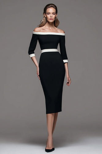 Black and White Pencil Patchwork Off the Shoulder Midi Work Dress