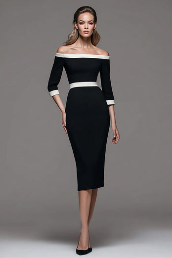 Black and White Pencil Patchwork Off the Shoulder Midi Work Dress
