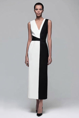 Black and White Pencil Patchwork V-Neck Long Work Dress