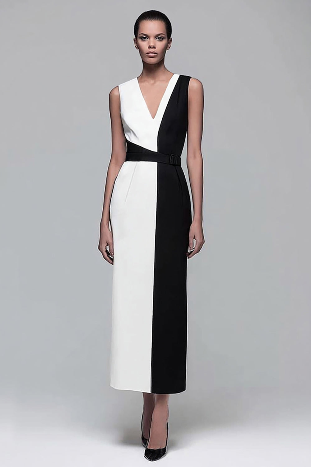 Black and White Pencil Patchwork V-Neck Long Work Dress